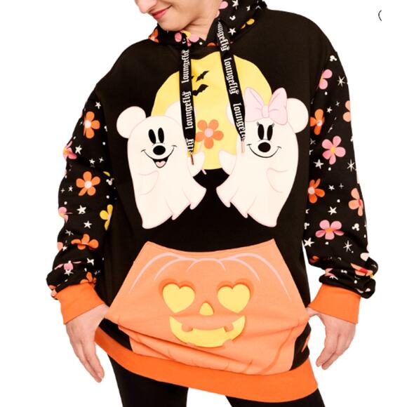 Disney Loungefly Mickey & Minnie Floral Ghost Glow in the Dark Unisex Hoodie NEW - Picture 1 of 11
